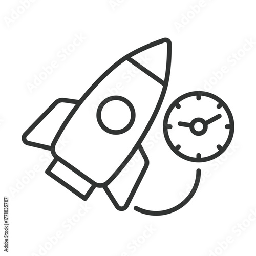 Rocket with clock icon in line design. rocket, launch, time, speed, startup, innovation, technology on white background vector. Rocket with clock editable stroke icon - AI generated