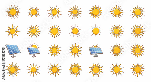 Vibrant Collection of Sun and Solar Energy Icons for Sustainable Technology and Renewable Power Projects. A Diverse Set of Graphic Elements Representing Brightness, Warmth, and Eco-Friendly