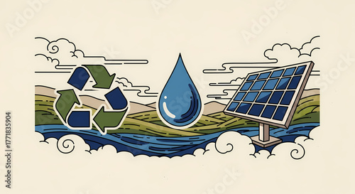 Embracing sustainable practices for a greener planet, this illustration features a recycling symbol, fresh water, and a solar panel, representing renewable energy and environmental conservation