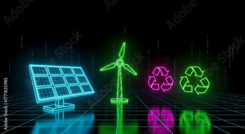 Vibrant digital representations of sustainable energy innovation, highlighting a futuristic vision for a greener planet through renewable power and environmental stewardship