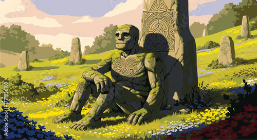 Ancient Stone Statue Resting in a Field of Flowers Under a Sunny Sky with Stone Pillars