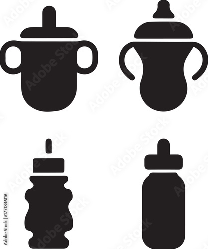 Baby Bottles and Sippy Cups Black Glyph Icon Set