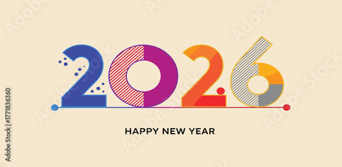 Vibrant and Modern 2026 Happy New Year Design with Colorful Geometric Patterns and Stylized Numerals for Festive Celebrations and Future-Themed Content