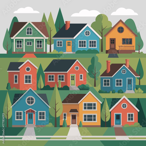 A diverse collection of houses are nestled on rolling green hills under a cloudy sky.