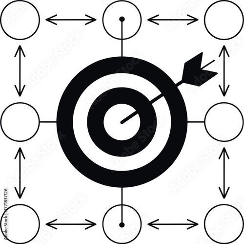 A central target with an arrow hitting the bullseye, surrounded by interconnected nodes.
