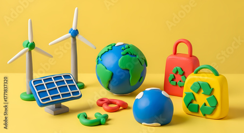 Colorful clay models illustrating global environmental sustainability, renewable energy sources such as solar and wind power, and the crucial role of recycling for a greener, healthier planet