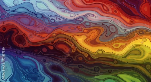 Vibrant abstract fluid art with swirling colorful patterns and marbled textures.