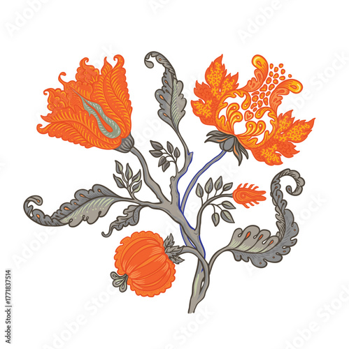 Floral vintage pattern elements set in Jacobean style isolated on white. Enchanted Vintage Flowers. Chintz inspired. Design for wrapping paper, wallpaper, fabrics and fashion clothes.