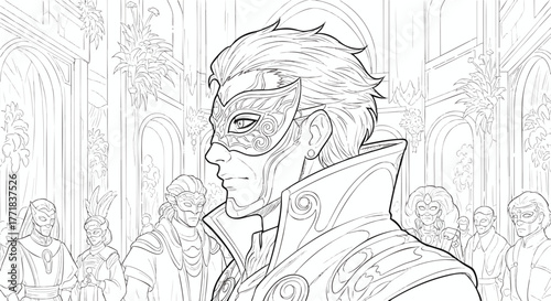 A Man in a Masked Ball Intricate Line Art of Elegance and Intrigue