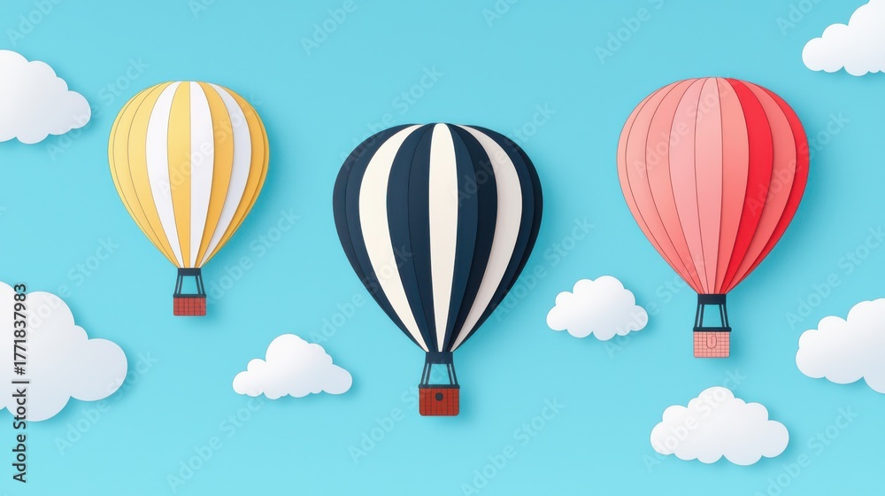Fototapeta premium Colorful hot air balloons float against a bright blue sky dotted with fluffy clouds, creating a whimsical and cheerful scene.