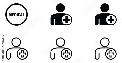  Medical person icons set – silhouette and outline avatars with healthcare cross symbol, representing health services, care, and identity