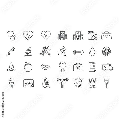 Medical and healthcare icons contains stethoscope, heart, hospital, and medicine symbols