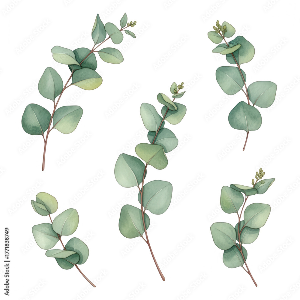 Obraz premium Watercolor Eucalyptus Branches on White Background, Botanical Illustration