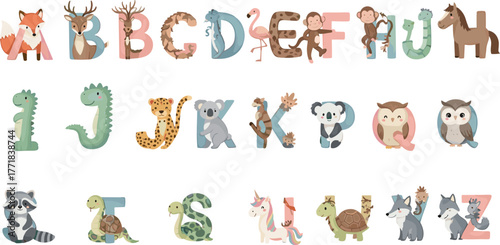 Animal alphabet illustration, cartoon letters, educational design, kids learning, A to Z animals, colorful characters, fun, isolated, playful, creative