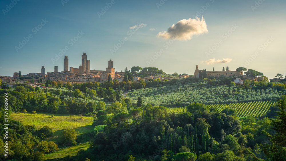 Fototapeta premium Panoramic View of San Gimignano Medieval Towers and Tuscan Landscape