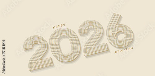 Elegant Happy New Year 2026 graphic with modern three-dimensional numbers and subtle textures on a soft background, perfect for festive greetings, digital cards, and celebratory designs