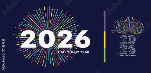 Happy New Year 2026 Celebration Fireworks with Festive Greeting Text on Dark Background