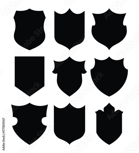 Shield icon set in vintage style.  Defense symbol. Security sign. Safe guard vector illustration. 