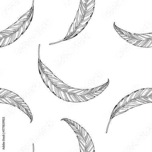 Seamless pattern of feathers. Vector ink styled handmade illustration. For packaging design, cards, cover, prints, product labels and fabric.
