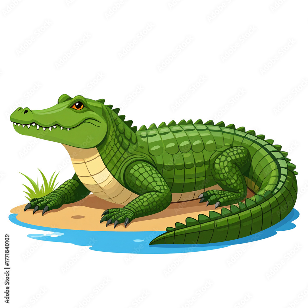 Fototapeta premium Vector PNG of a relaxed alligator lounging on a riverbank, capturing calm wildlife and nature themes, ideal for nature, wildlife, and animal design projects