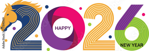 Vibrant Happy New Year 2026 celebration concept featuring a modern design with colorful geometric numbers and a stylized horse illustration for festive greetings and future aspirations