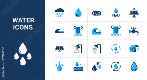 Comprehensive collection of water-related vector icons, symbolizing hydration, environmental sustainability, conservation, and various liquid elements for design projects