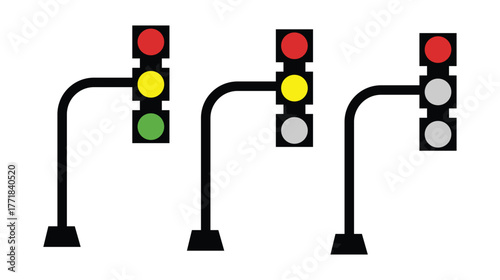 Vector illustration of traffic lights with red, yellow, and green signals. Set of road signs and traffic light vector. 