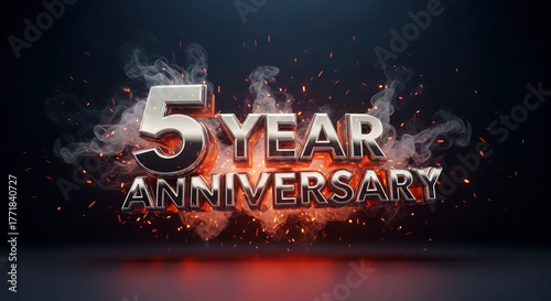 5 year anniversary celebration with fire sparks and smoke effects