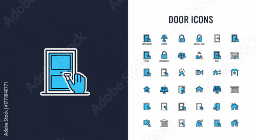A versatile collection of contemporary flat line vector icons illustrating various door types, entryways, security features, and access points, ideal for user interface design