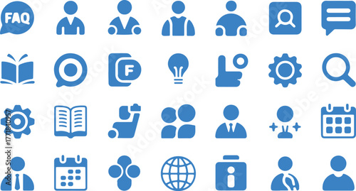 Information and Knowledge Sharing Silhouette Icon Set – Info, FAQ, Manual, Search, Guidance, Instruction, Vector Icons