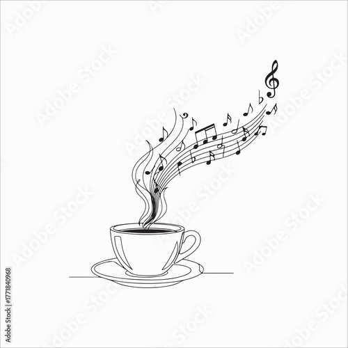A whimsical line art illustration of a steaming cup of coffee with musical notes rising from it, , blending caffeine and melody