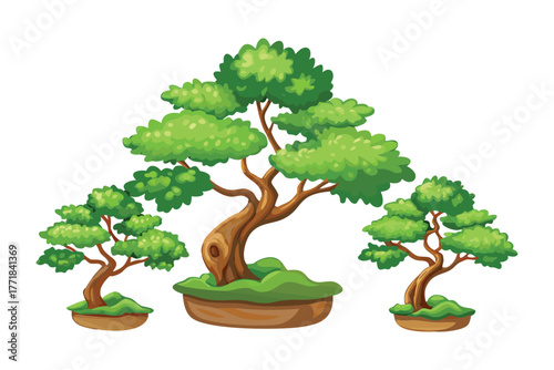 Artistic Bonsai Trio: Three meticulously crafted bonsai trees, each a miniature masterpiece of nature's artistry, arranged together in an aesthetic display.