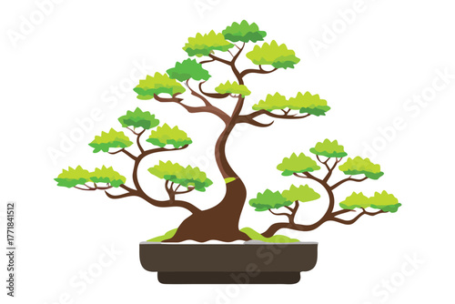 Bonsai Tree Illustration: A meticulously crafted bonsai tree, a symbol of serenity and balance, thrives in a decorative pot, showcasing its artful branches and lush foliage.
