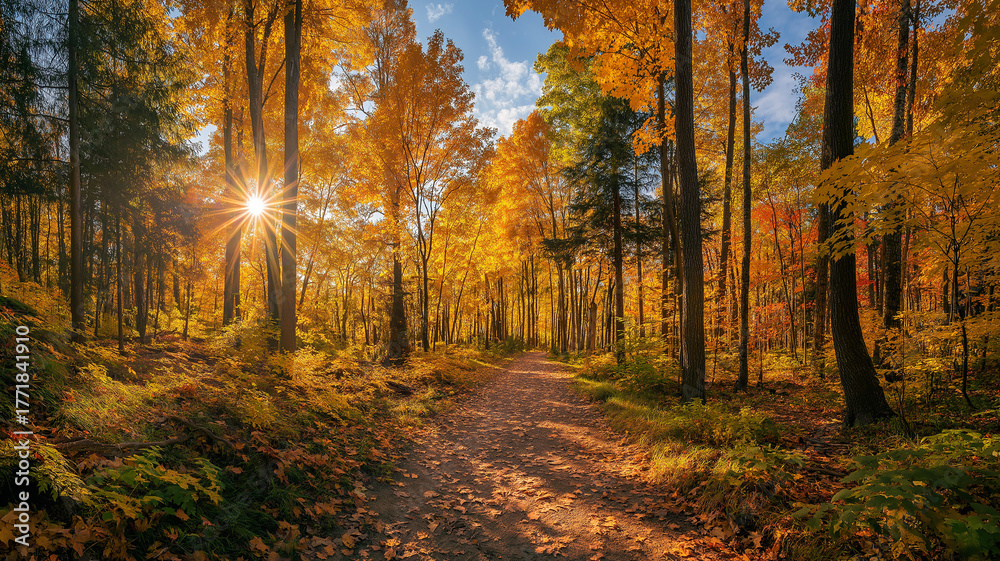 Obraz premium Sunlit path in a park before sunset