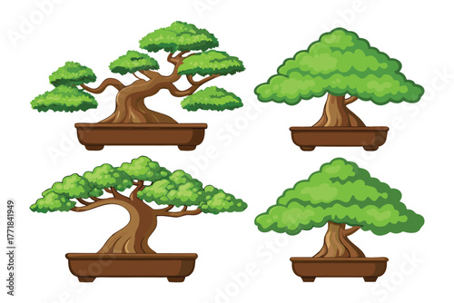 Bonsai in Ceramic Pots: Captivating set of bonsai trees, each one a miniature masterpiece of horticultural artistry, are meticulously cultivated in a diverse array of ceramic pots.