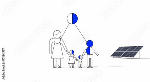 Illustrative diagram showcasing a modern family's engagement with sustainable solar power generation, symbolizing shared environmental responsibility and renewable energy adoption