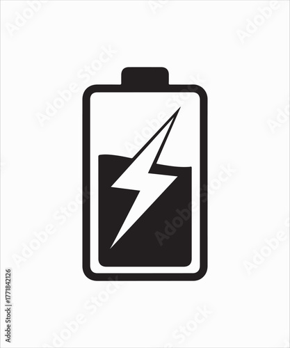 A black and white illustration of a battery with a lightning bolt inside, , symbolizing energy and power