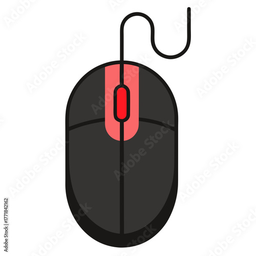 A black computer mouse with a red scroll wheel and a curved wire isolated on white background silhouette