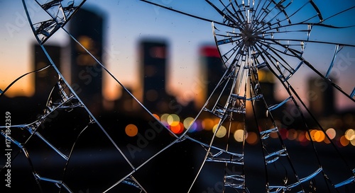 Cracked glass with city skyline in the background, creating a sense of fragility and urban decay.