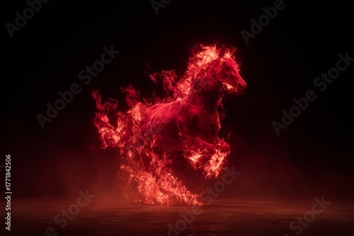 A majestic horse appears to rise from flames, glowing vividly in dark surroundings. The combination of fire and smoke enhances the dramatic effect, captivating the viewer