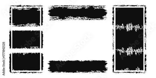 Vector black paint brush spots, Hand drawn Ink brush strokes texture. Black grunge rectangles. Square shape for text. Doodle rectangle pastel chalk elements. Brush frame box.	
