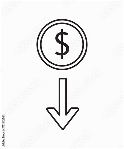 Coin with dollar sign and arrow pointing down is a symbol of financial loss and economic downturn
