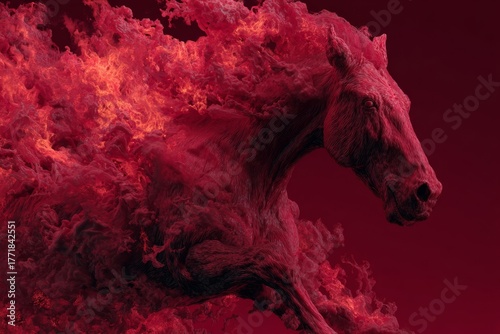 A powerful red horse appears to gallop through vibrant flames, showcasing a blend of energy and artistry. The scene captures movement and intensity in a captivating way