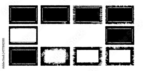 Vector black paint brush spots, Hand drawn Ink brush strokes texture. Black grunge rectangles. Square shape for text. Doodle rectangle pastel chalk elements. Brush frame box.