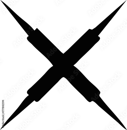 A stark black X mark, digitally rendered with a textured, hand-drawn aesthetic, signifying deletion, incorrectness, or a strong graphic rejection symbol suitable for diverse design applications