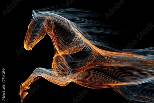 A horse is depicted in an energetic gallop, outlined by flowing light trails. The colors blend seamlessly, showing motion against a dark background