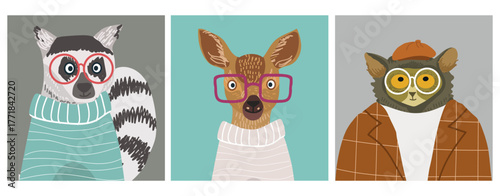 Animals avatars, cute portraits set, hand drawn vector illustration.