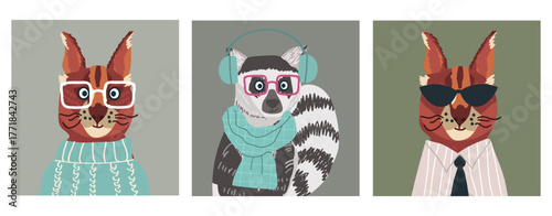 Photography Animals avatars, cute portraits set, hand drawn vector illustration