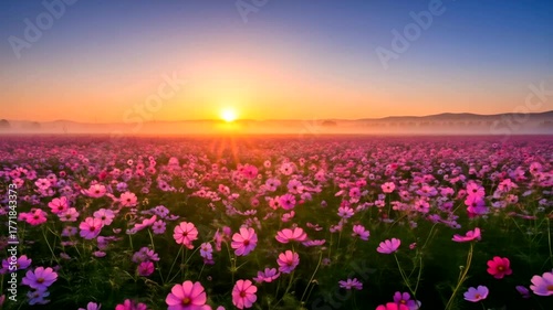 Vibrant sunset over a blooming field of pink flowers with misty hills
