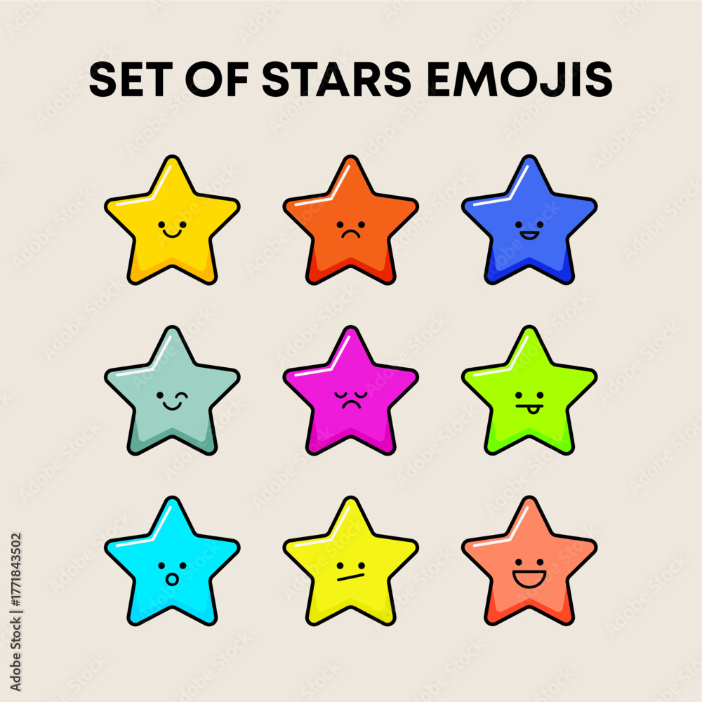 Obraz premium A vibrant and playful set of 9 star emoji illustrations in various colors and facial expressions. These cute and expressive stars are perfect for use in social media posts, digital designs, posters